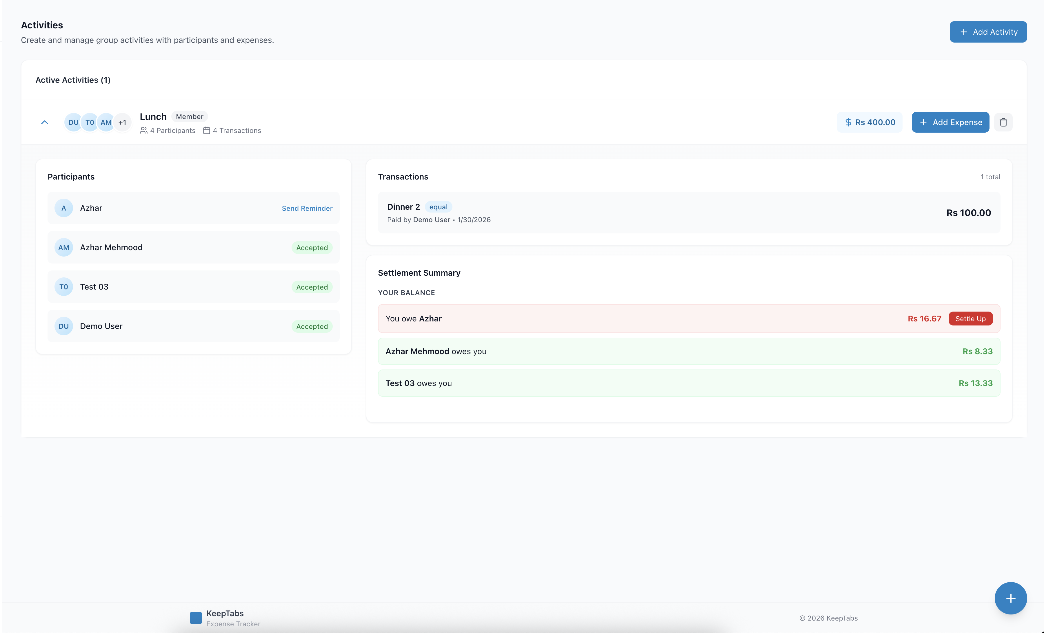 Split bills and group activities management
