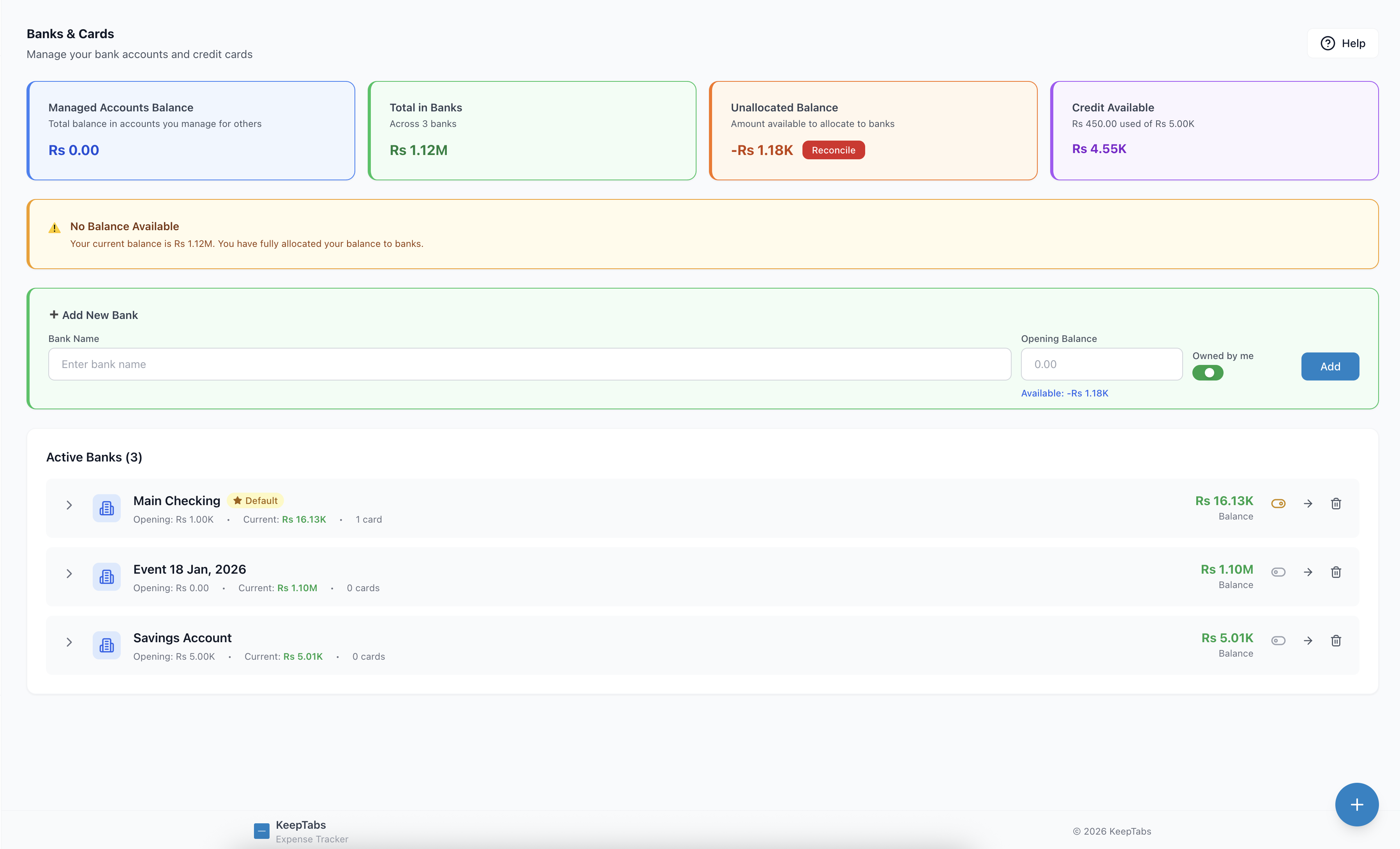 Bank account and credit card management